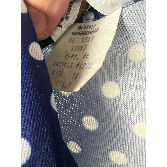 Montgomery Ward 70s does 50s Blue Polka Dot Dress Bow Neck Knit Sz 8 S/M - Picture 3 of 9